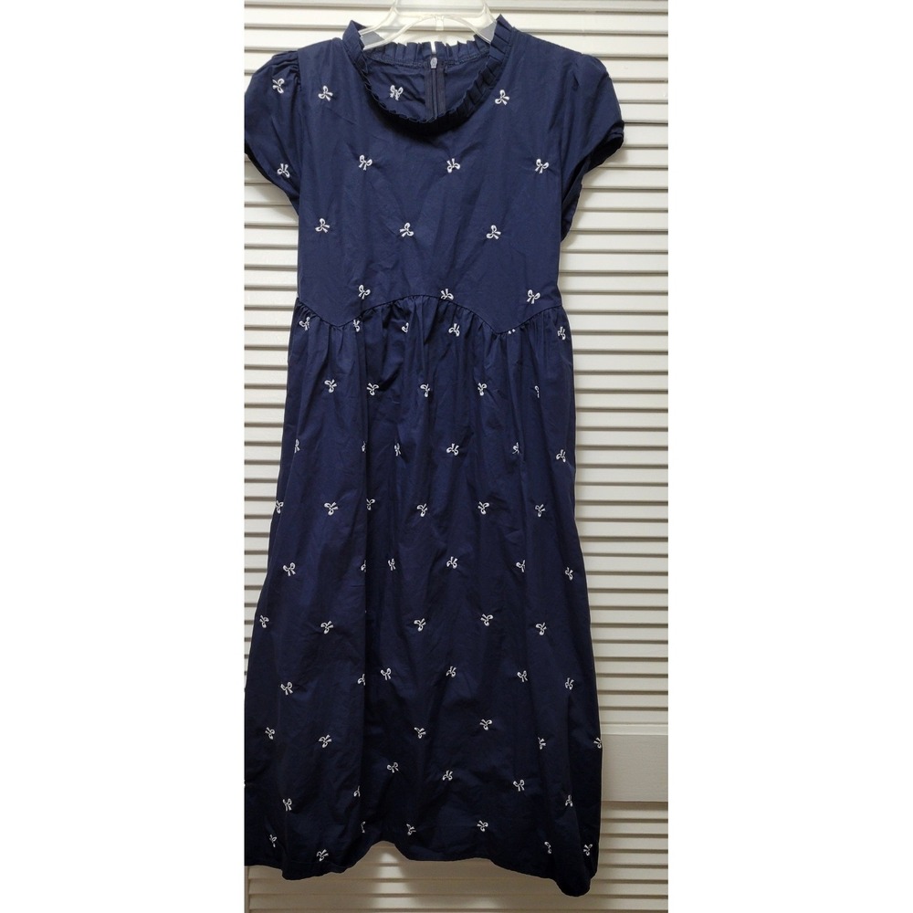 Navy Embroidered Bows Ruffle Neck Midi Dress Cotton Blend Short Sleeve